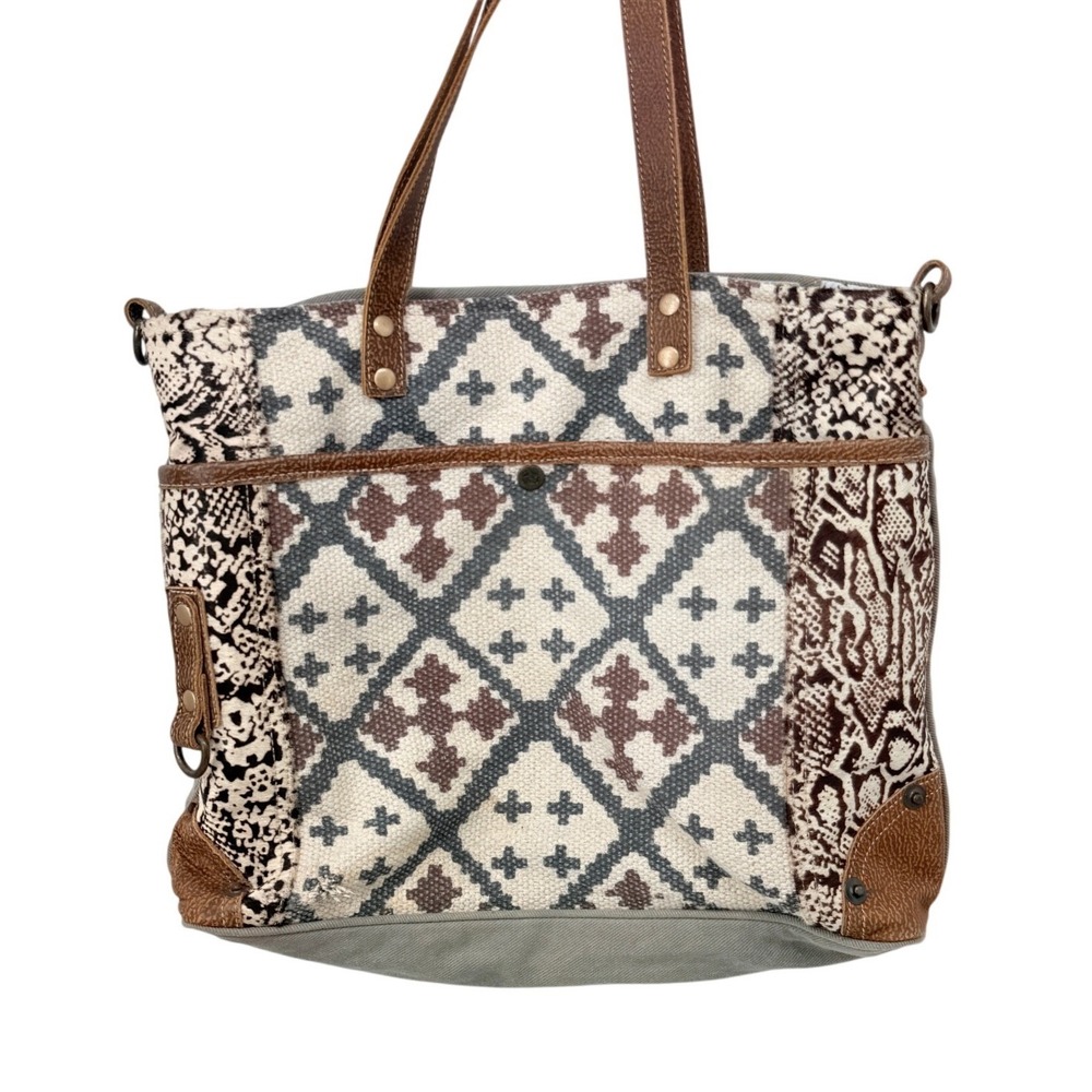 Myrha Large Tote‎ Festival Boho Y2K Upcycled Canvas Leather Brown White Summer